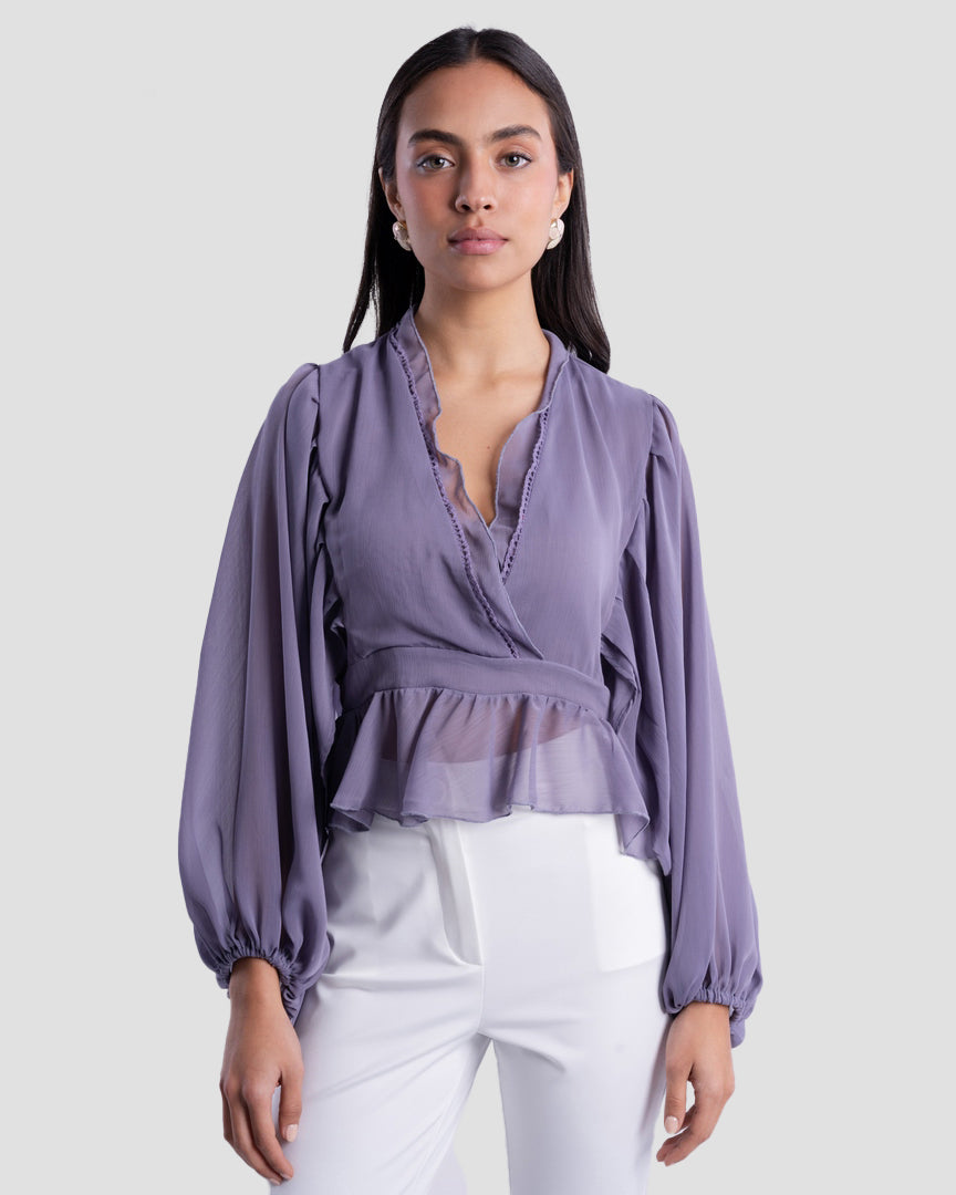 V-NECK BLOUSE WITH RUFFLED WITH LONG PUFF SLEEVES