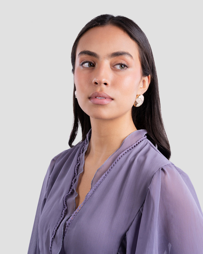 V-NECK BLOUSE WITH RUFFLED WITH LONG PUFF SLEEVES