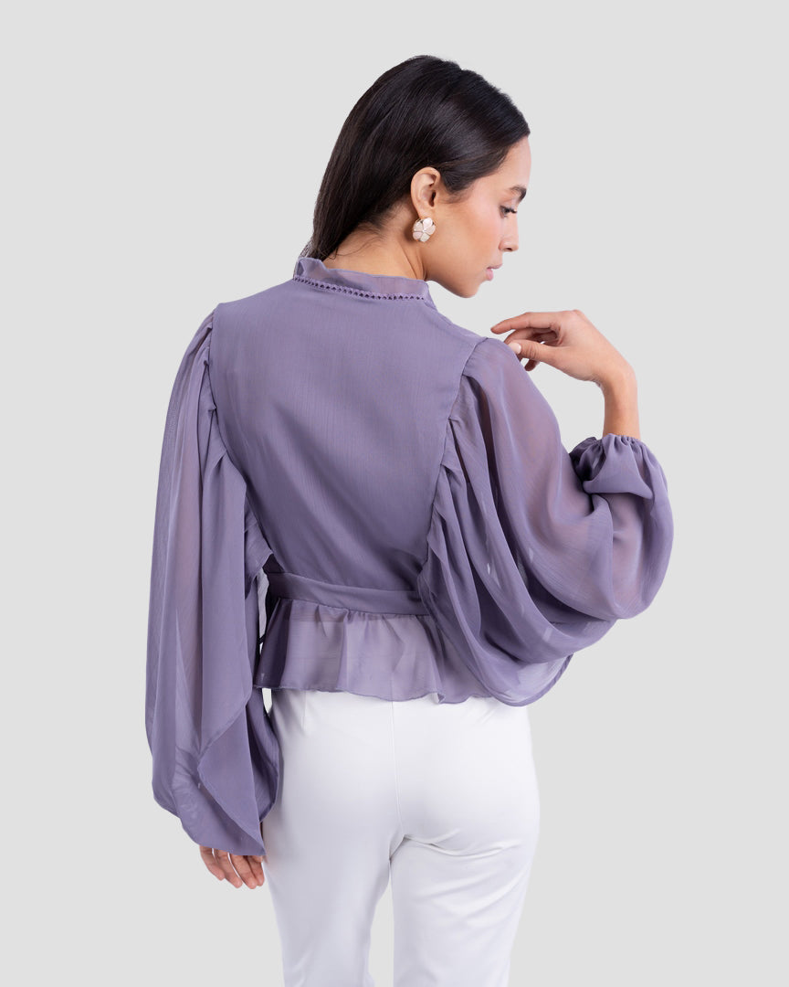 V-NECK BLOUSE WITH RUFFLED WITH LONG PUFF SLEEVES