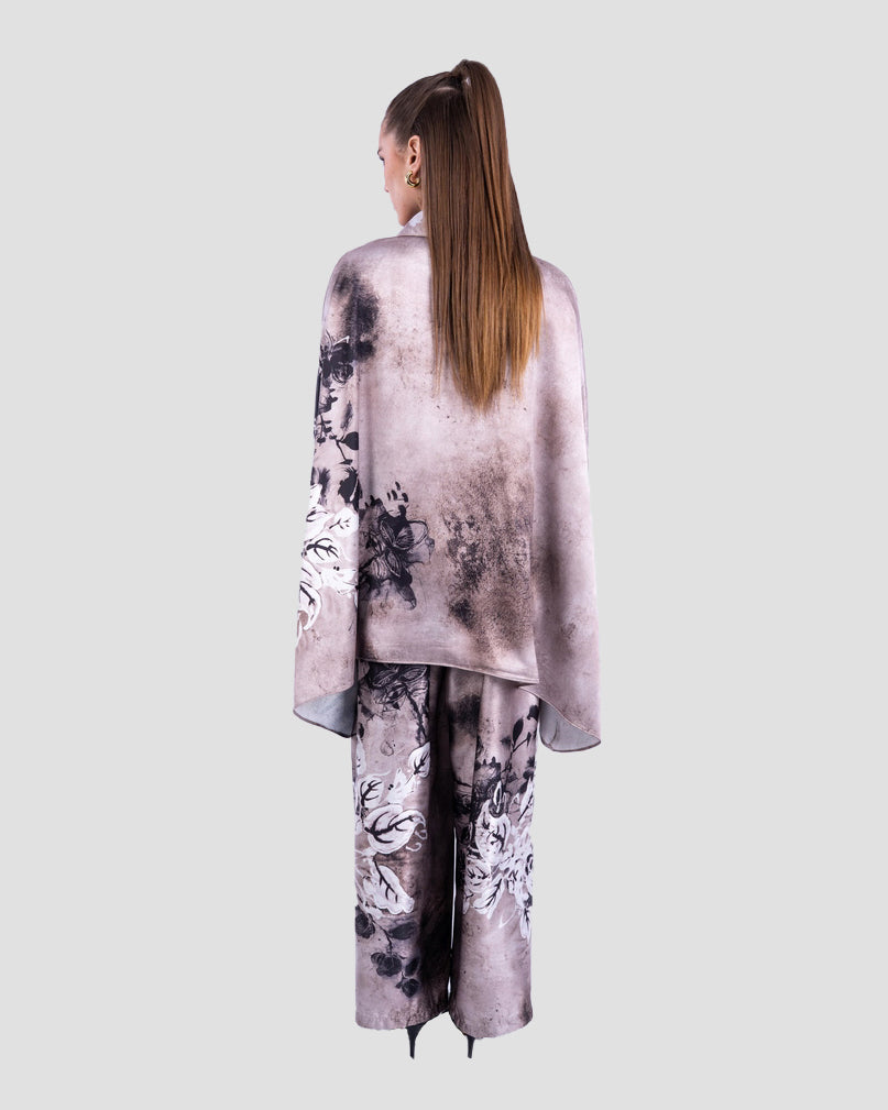 SATIN FLORAL BLOUSE WITH DRAPED SLEEVES