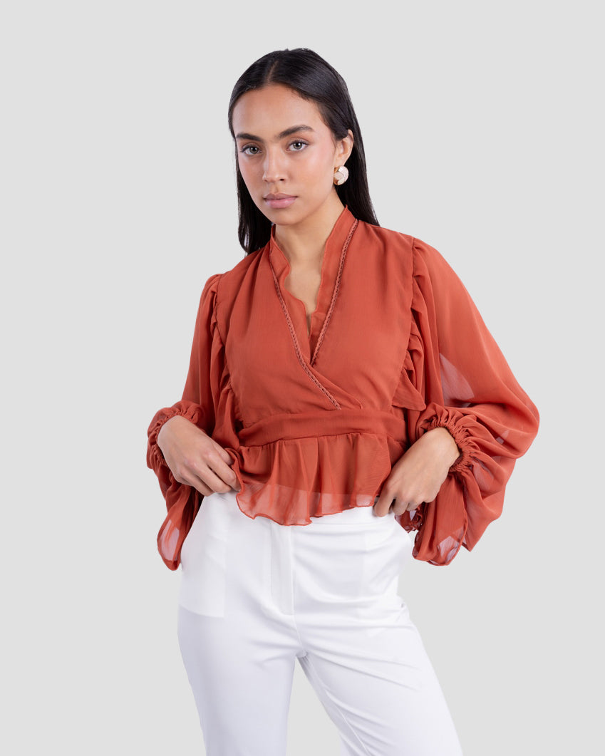 V-NECK BLOUSE WITH RUFFLED WITH LONG PUFF SLEEVES
