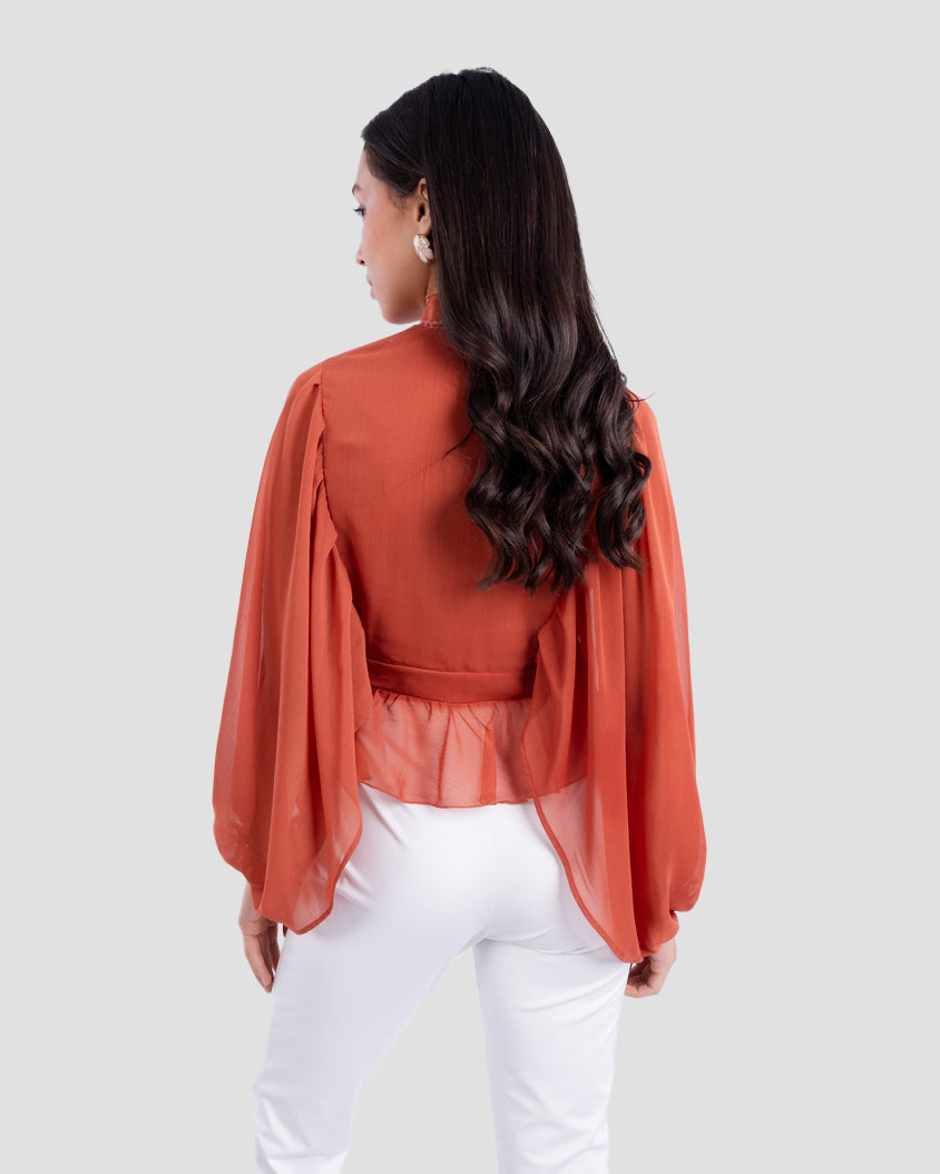 V-NECK BLOUSE WITH RUFFLED WITH LONG PUFF SLEEVES