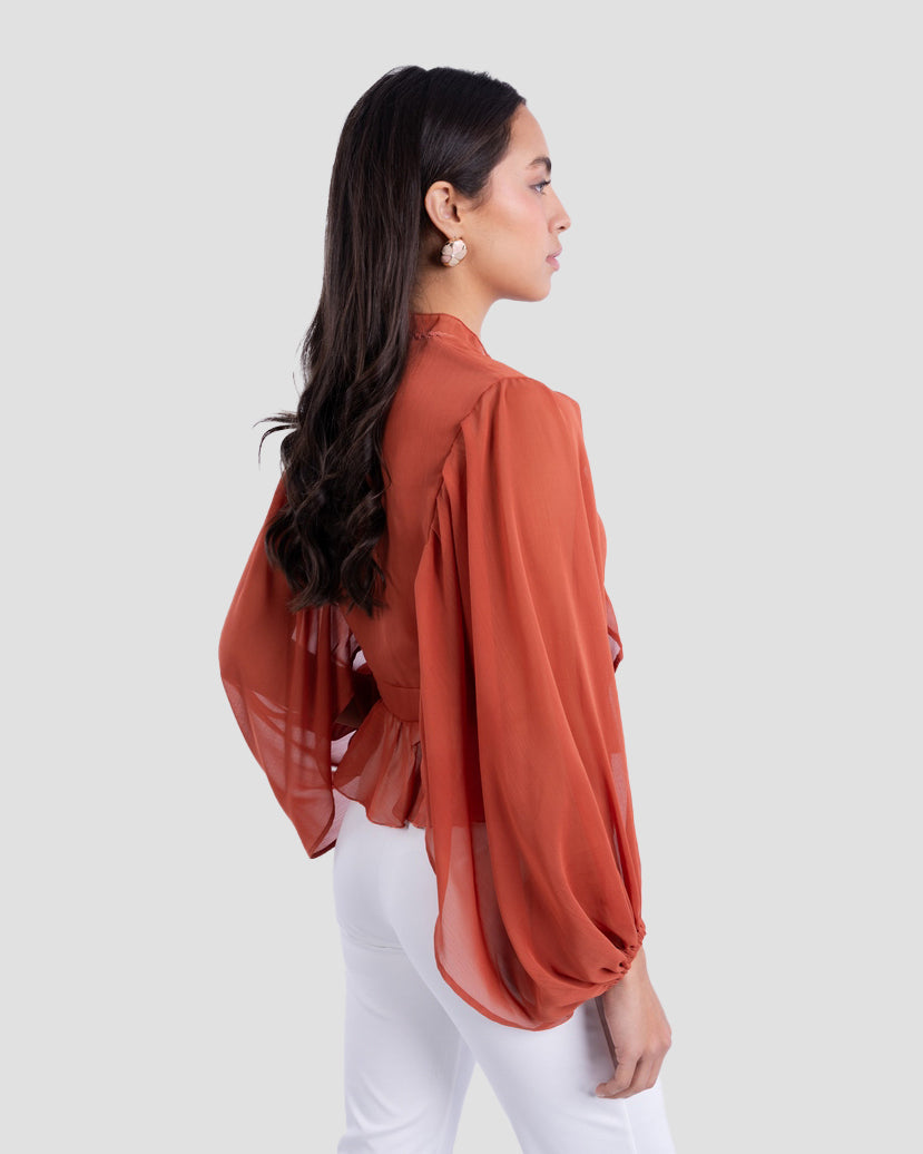 V-NECK BLOUSE WITH RUFFLED WITH LONG PUFF SLEEVES