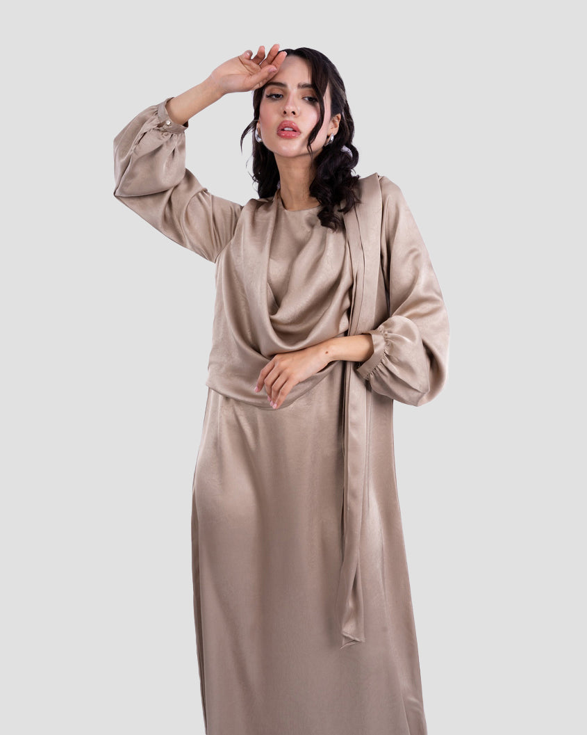 SATIN DRAPED MAXI DRESS WITH MATCHING SCARF