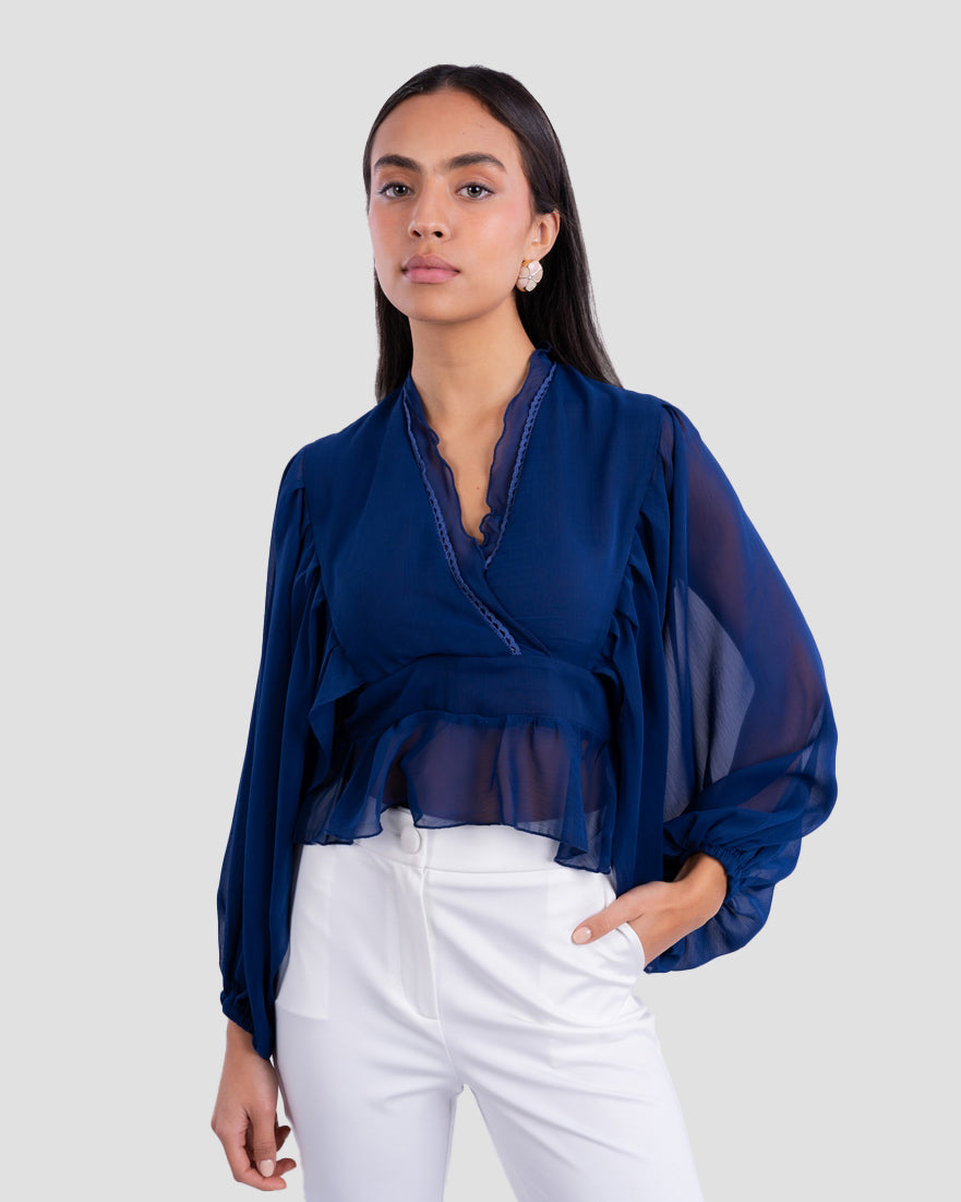 V-NECK BLOUSE WITH RUFFLED WITH LONG PUFF SLEEVES