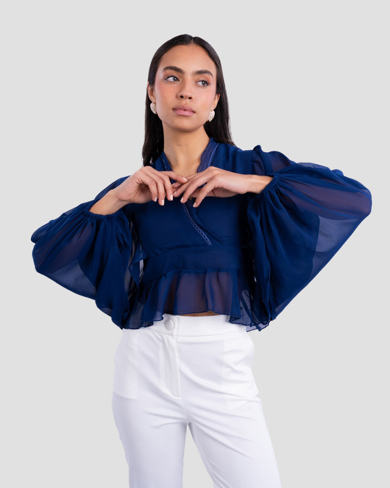 V-NECK BLOUSE WITH RUFFLED WITH LONG PUFF SLEEVES