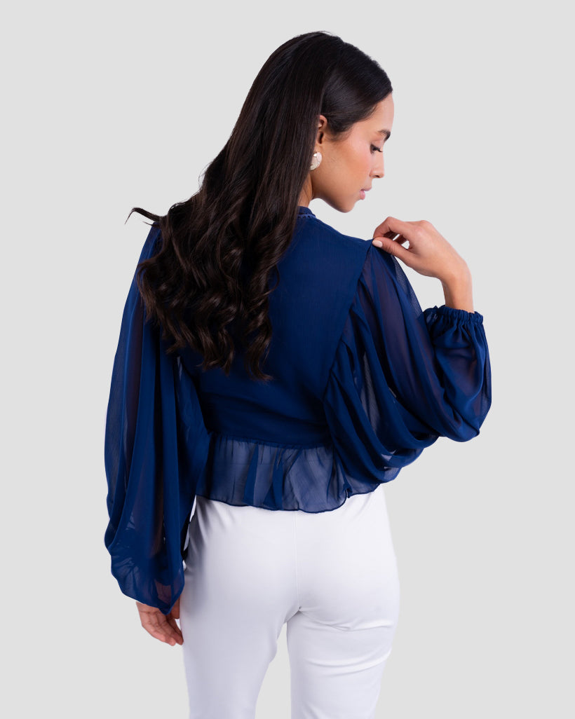 V-NECK BLOUSE WITH RUFFLED WITH LONG PUFF SLEEVES