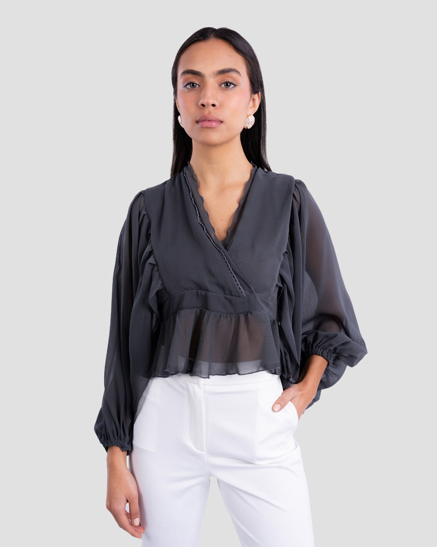 V-NECK BLOUSE WITH RUFFLED WITH LONG PUFF SLEEVES
