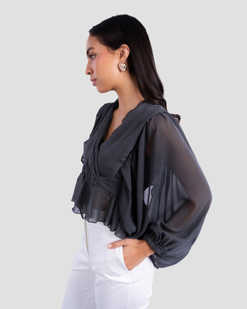 V-NECK BLOUSE WITH RUFFLED WITH LONG PUFF SLEEVES