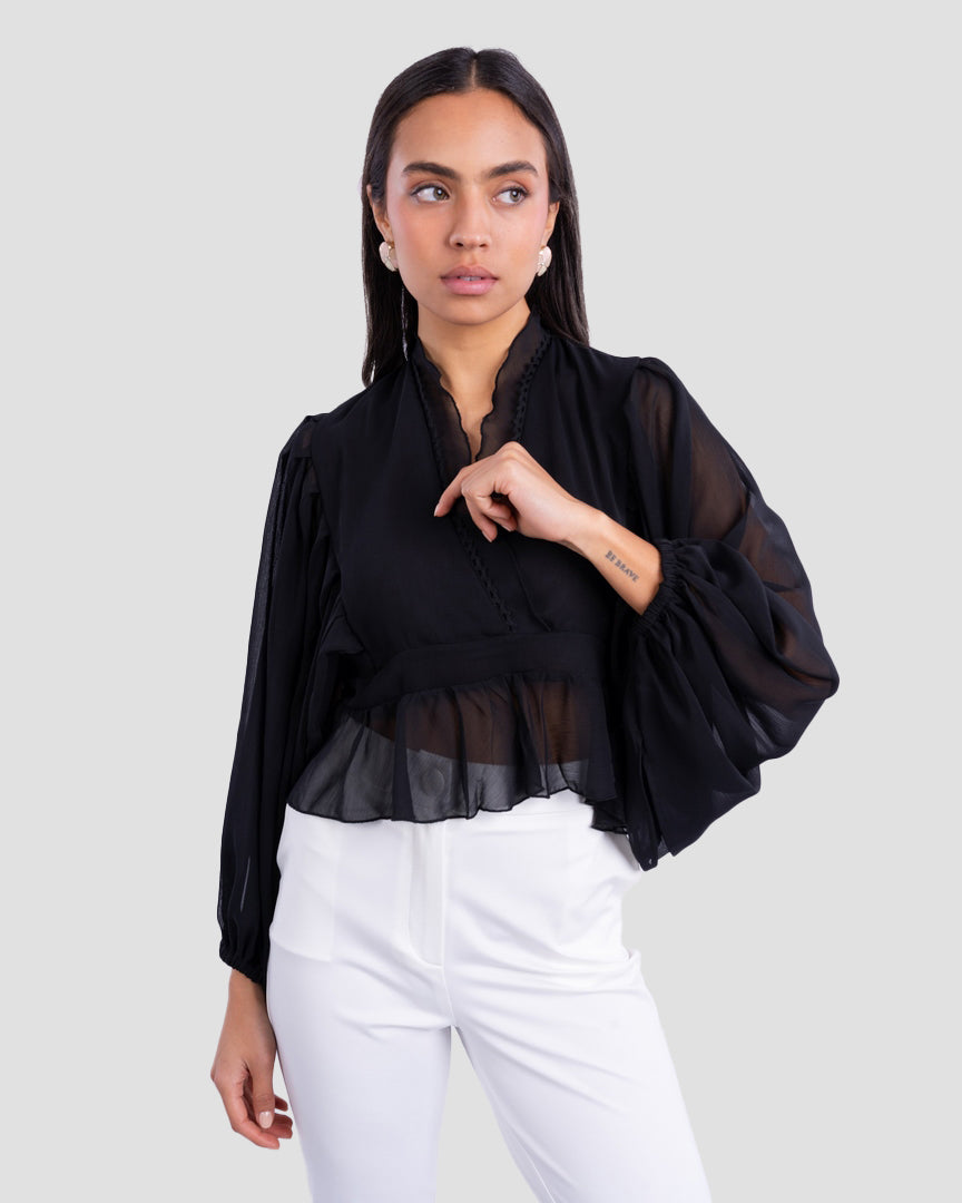 V-NECK BLOUSE WITH RUFFLED WITH LONG PUFF SLEEVES