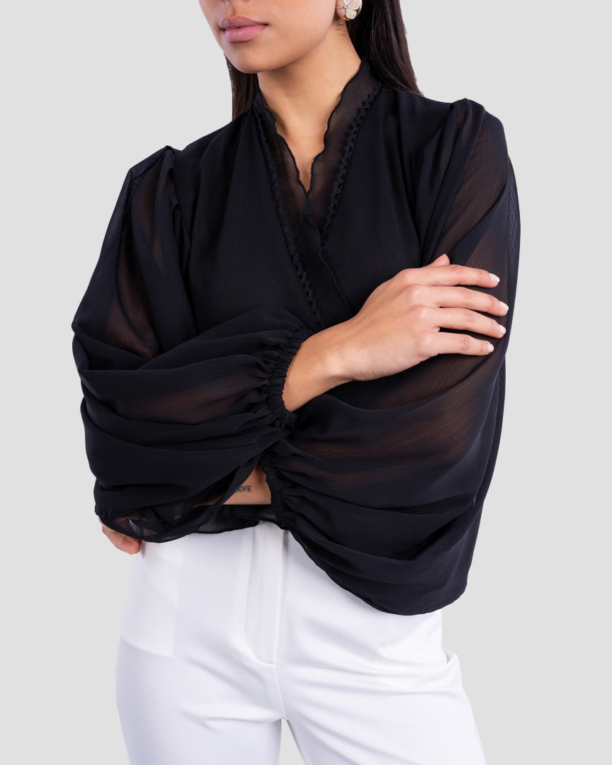 V-NECK BLOUSE WITH RUFFLED WITH LONG PUFF SLEEVES
