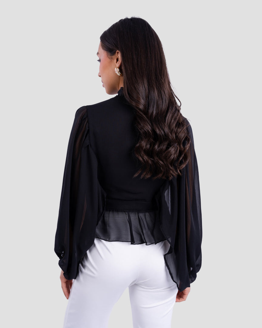 V-NECK BLOUSE WITH RUFFLED WITH LONG PUFF SLEEVES