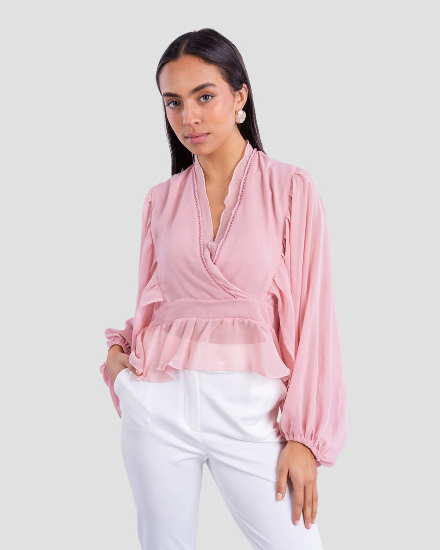 V-NECK BLOUSE WITH RUFFLED WITH LONG PUFF SLEEVES