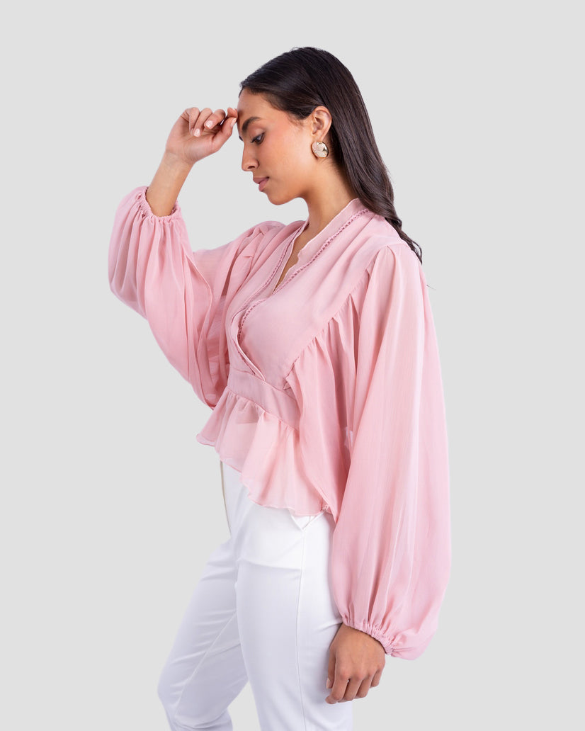 V-NECK BLOUSE WITH RUFFLED WITH LONG PUFF SLEEVES