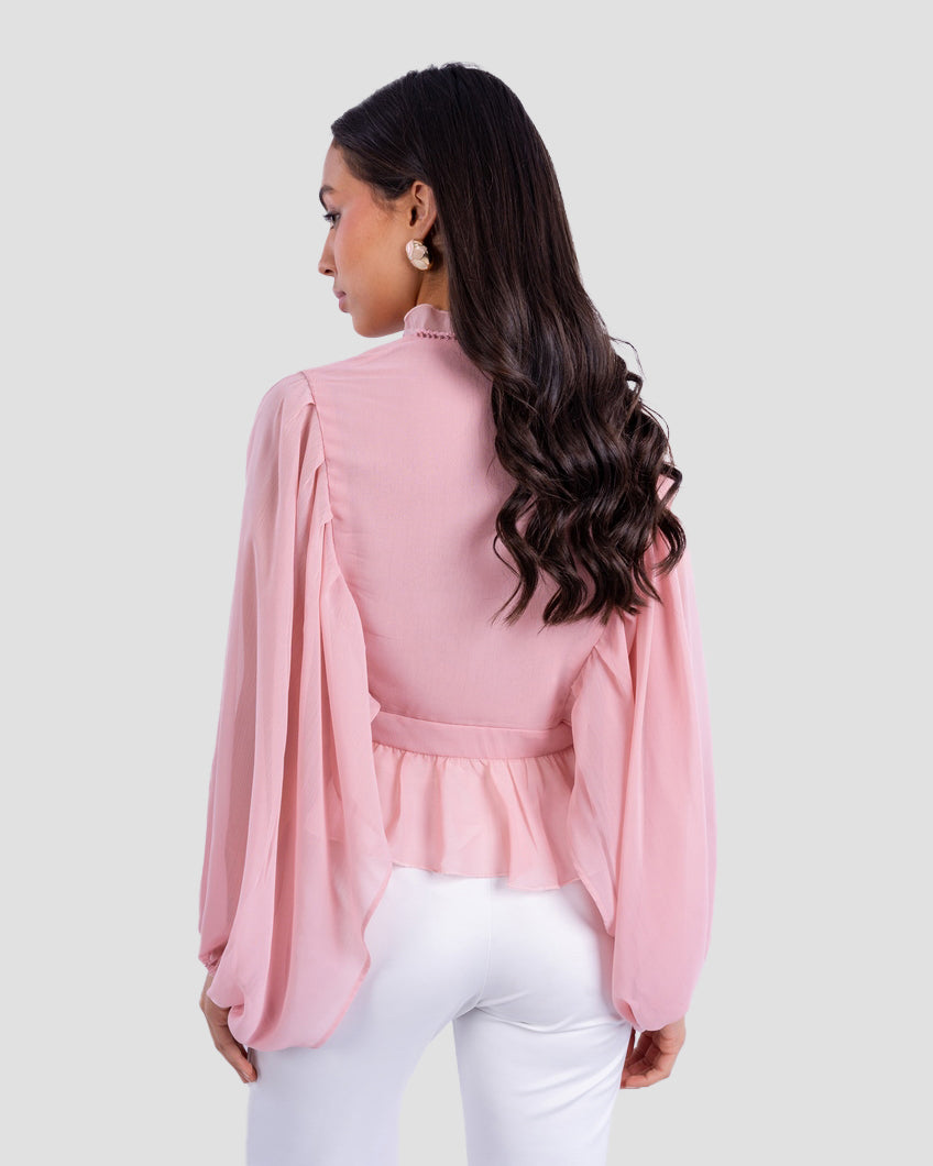 V-NECK BLOUSE WITH RUFFLED WITH LONG PUFF SLEEVES