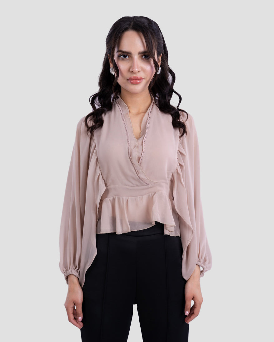 V-NECK BLOUSE WITH RUFFLED WITH LONG PUFF SLEEVES