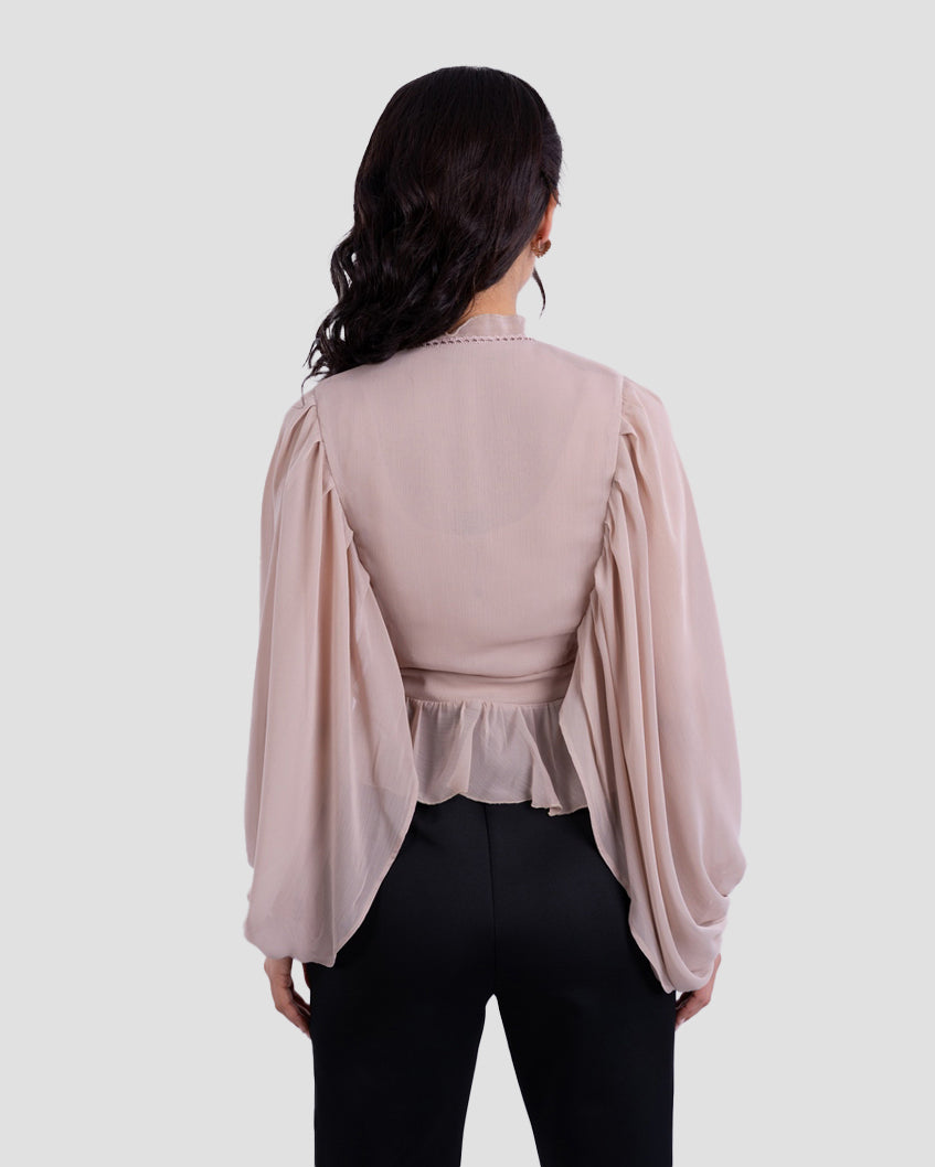 V-NECK BLOUSE WITH RUFFLED WITH LONG PUFF SLEEVES