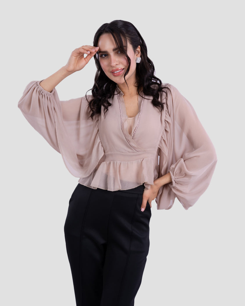 V-NECK BLOUSE WITH RUFFLED WITH LONG PUFF SLEEVES