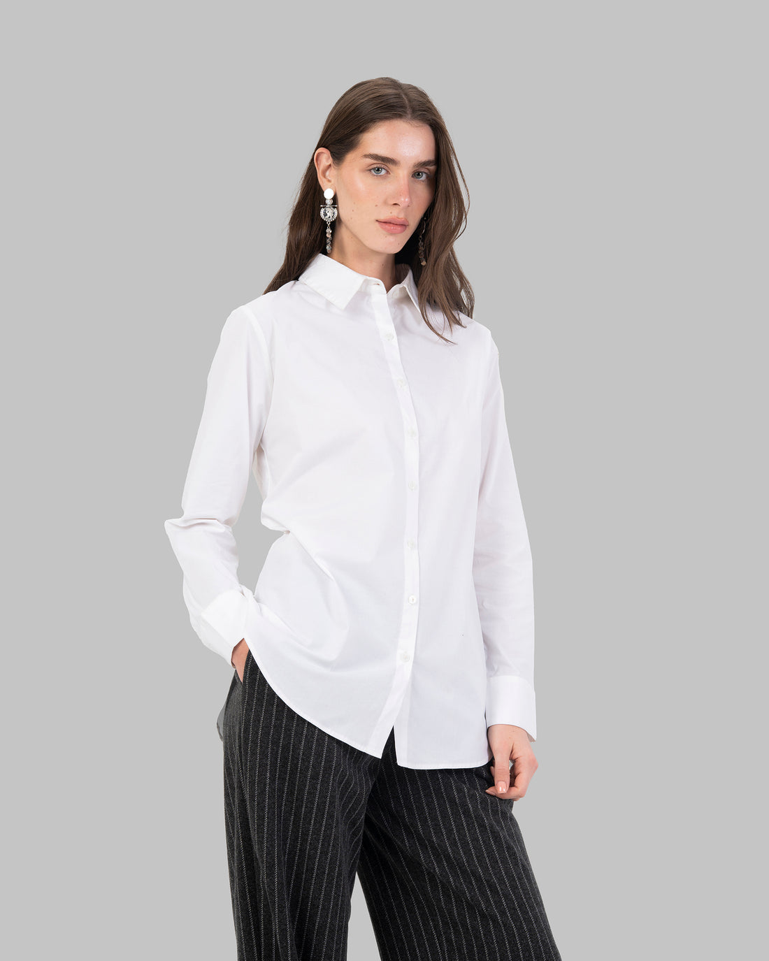 High-Waist Pinstripe Straight Trousers with Front Pleats.