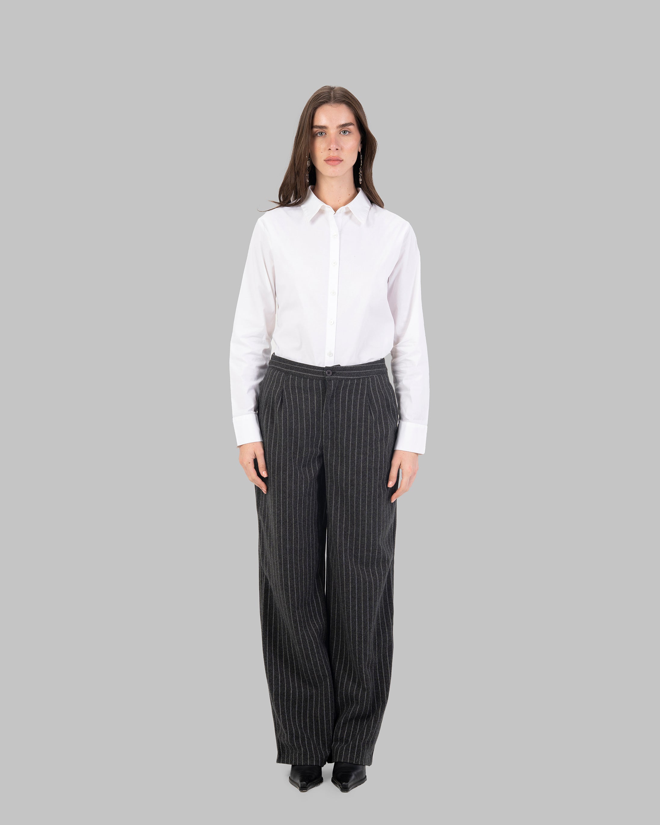 High-Waist Pinstripe Straight Trousers with Front Pleats.