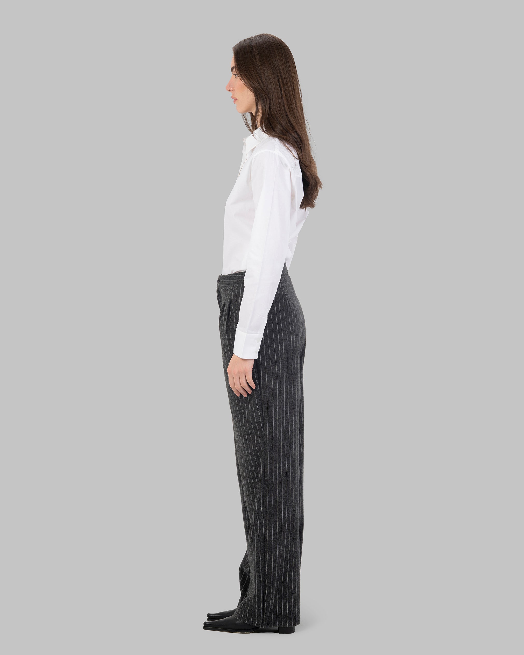 High-Waist Pinstripe Straight Trousers with Front Pleats.