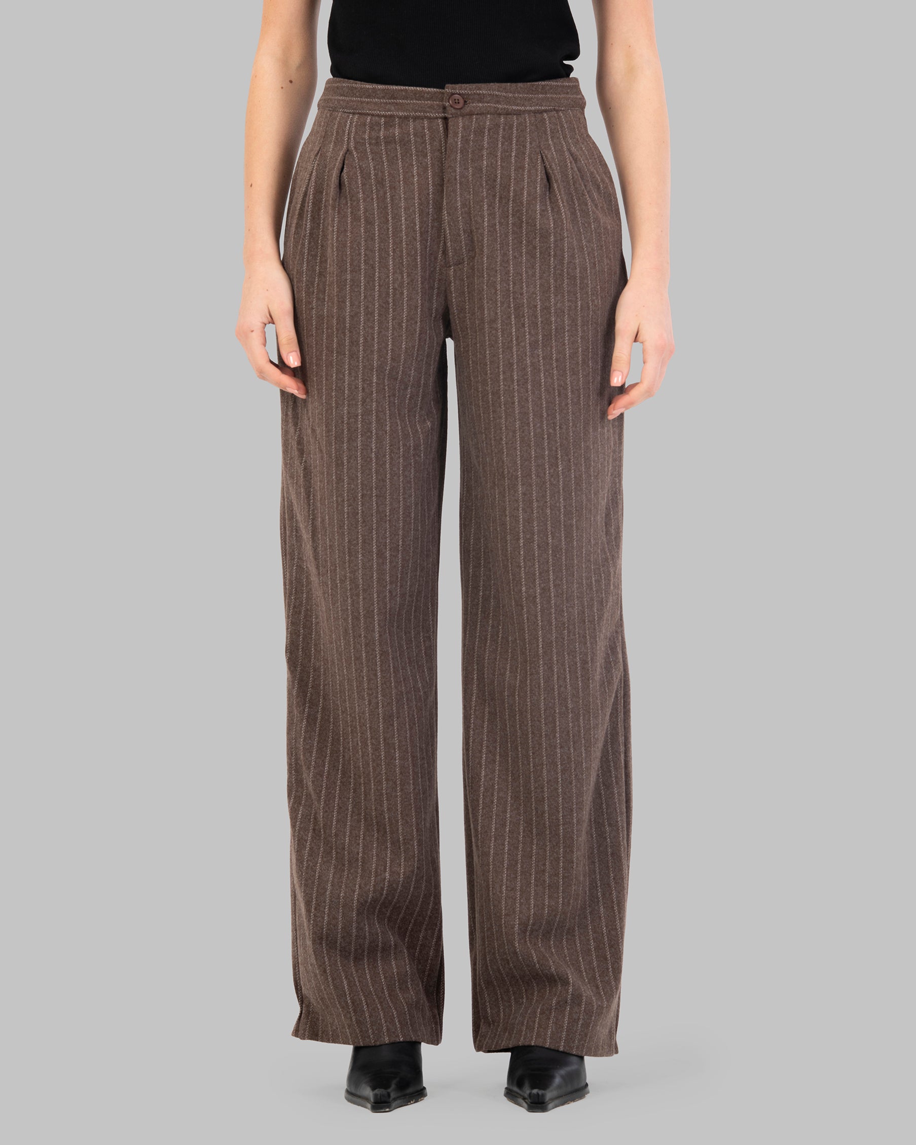 High-Waist Pinstripe Straight Trousers with Front Pleats.