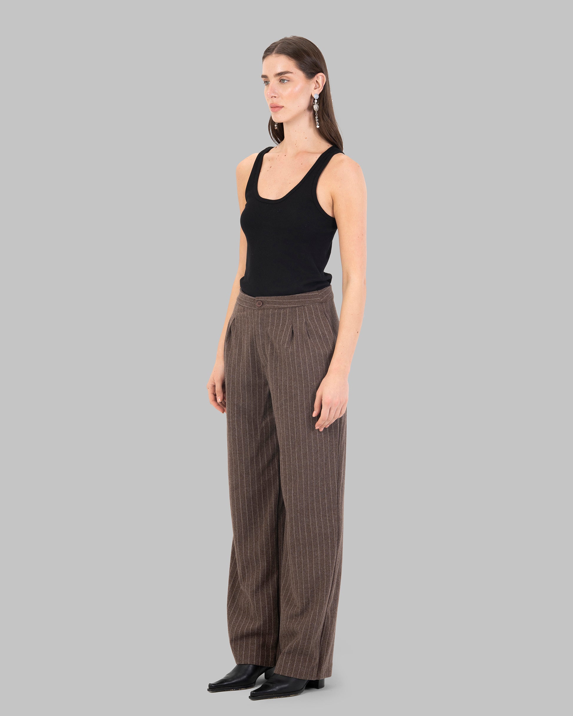 High-Waist Pinstripe Straight Trousers with Front Pleats.