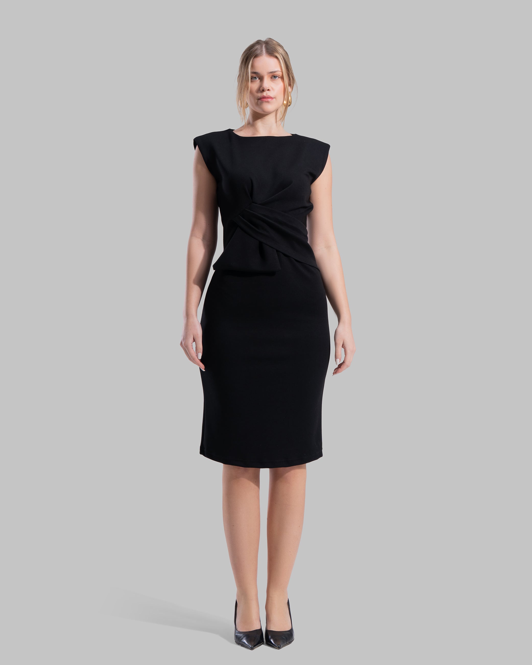 Sleeveless midi dress featuring a round neckline and front draped knot detail.