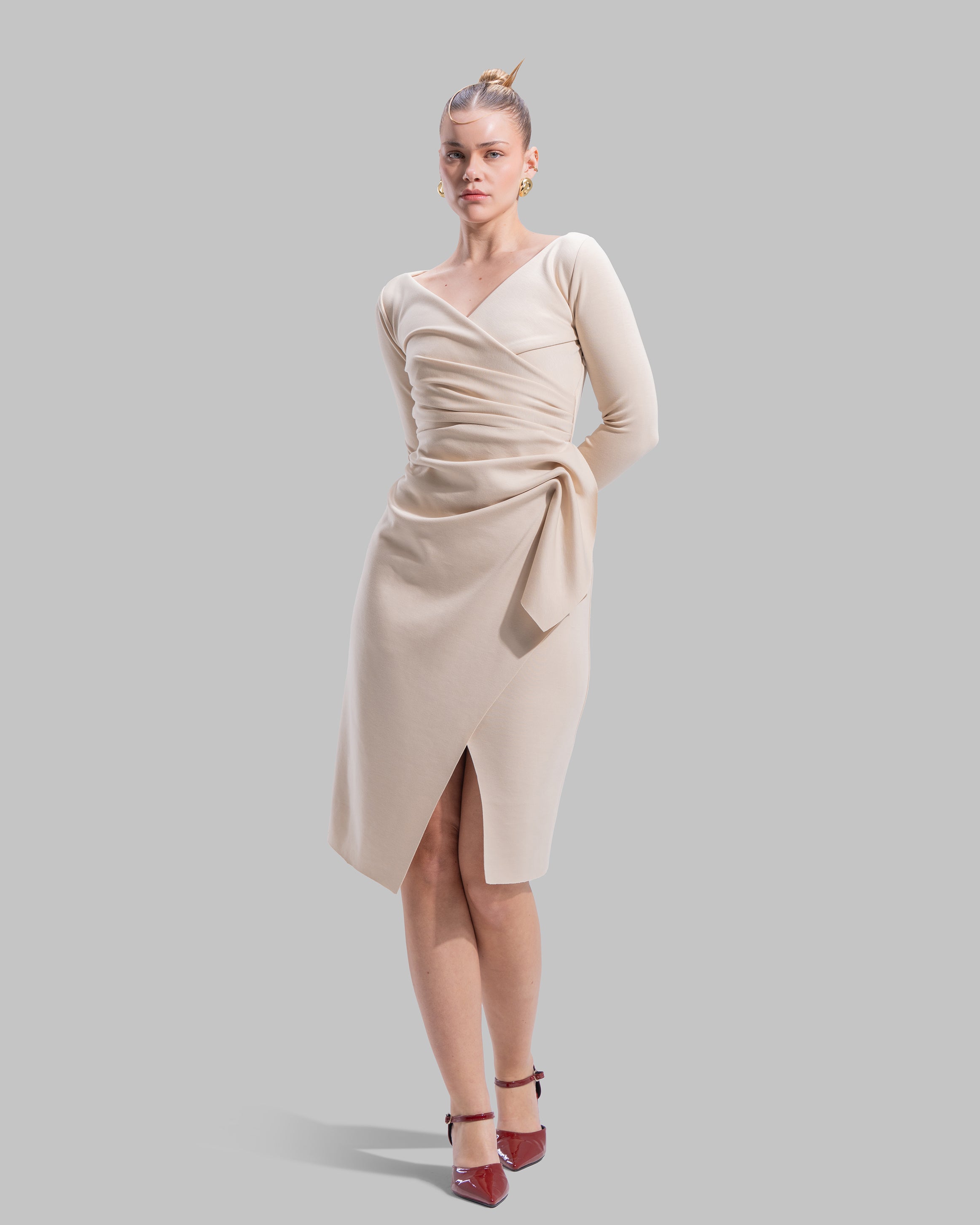 " Draped Ruffle Sheath Dress "
