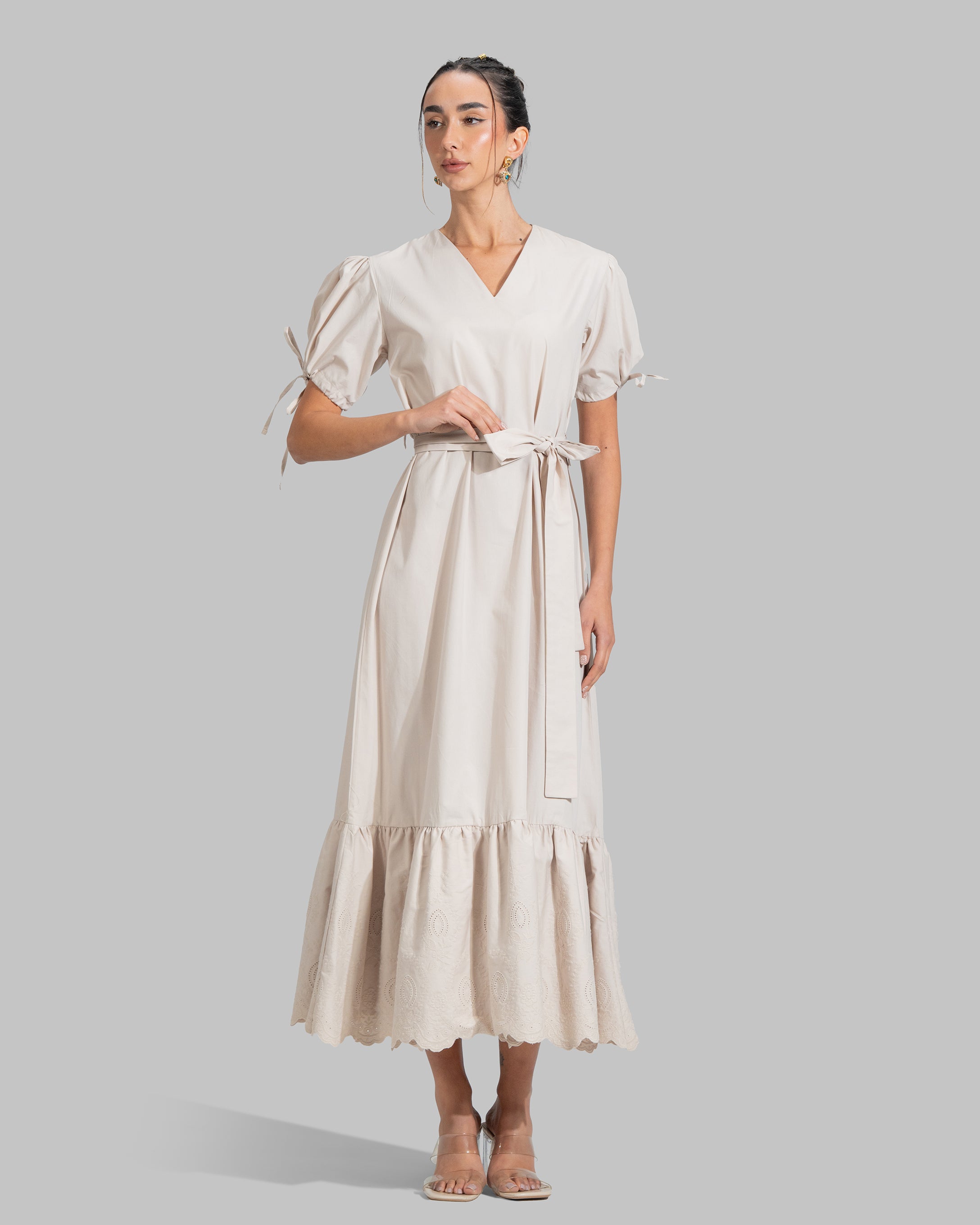 V-NECK MIDI DRESS WITH BELT DESIGNED