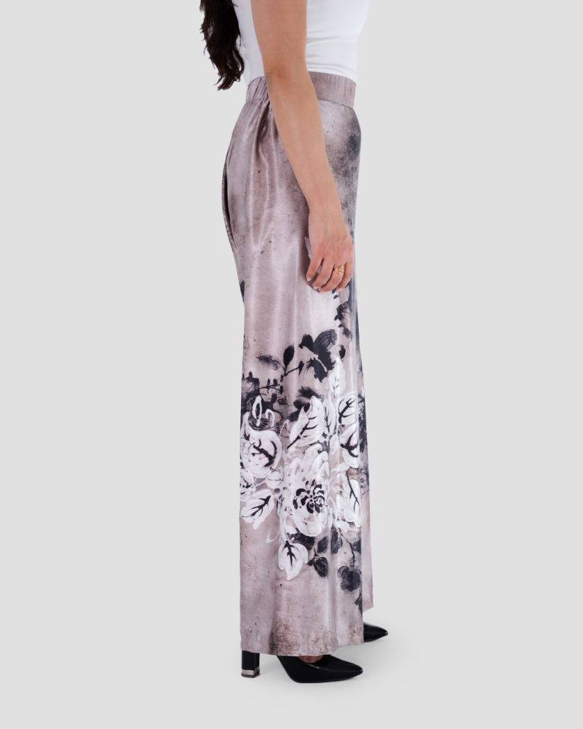 SATIN FLORAL WIDE-LEG PANTS