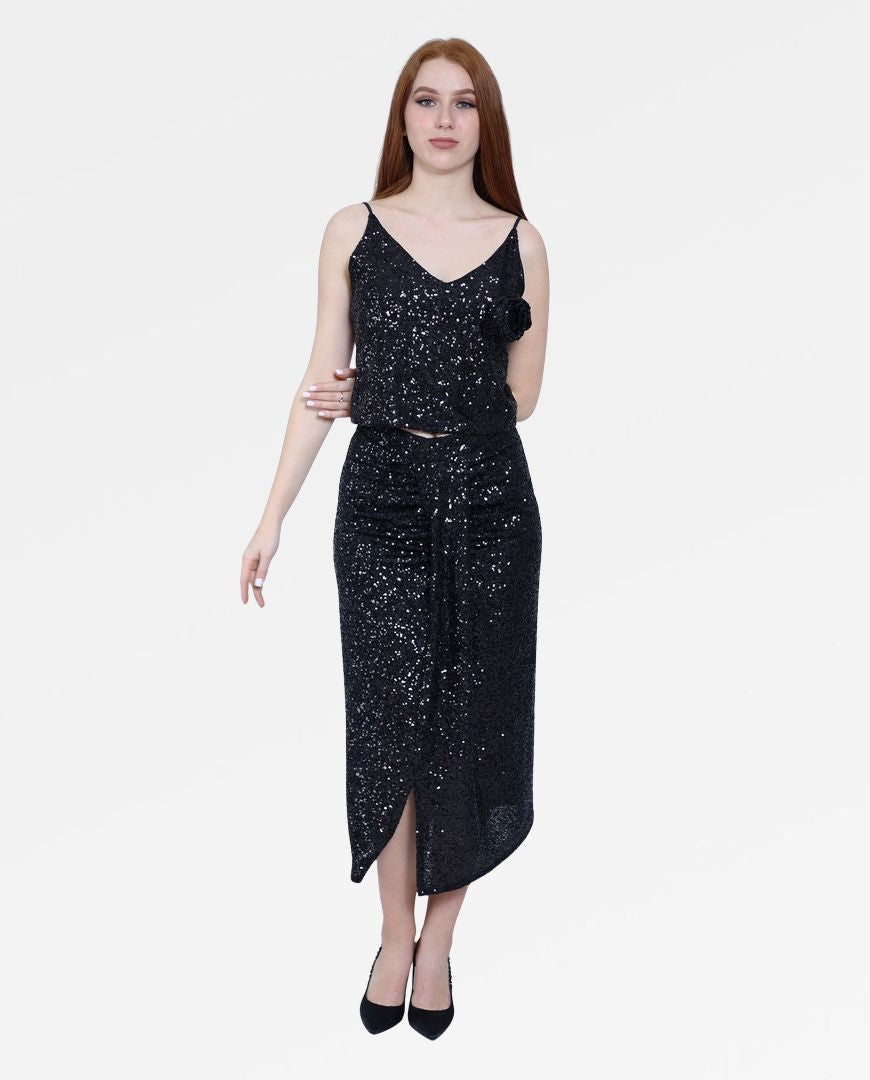 SEQUIN MIDI SKIRT WITH FRONT SLIT