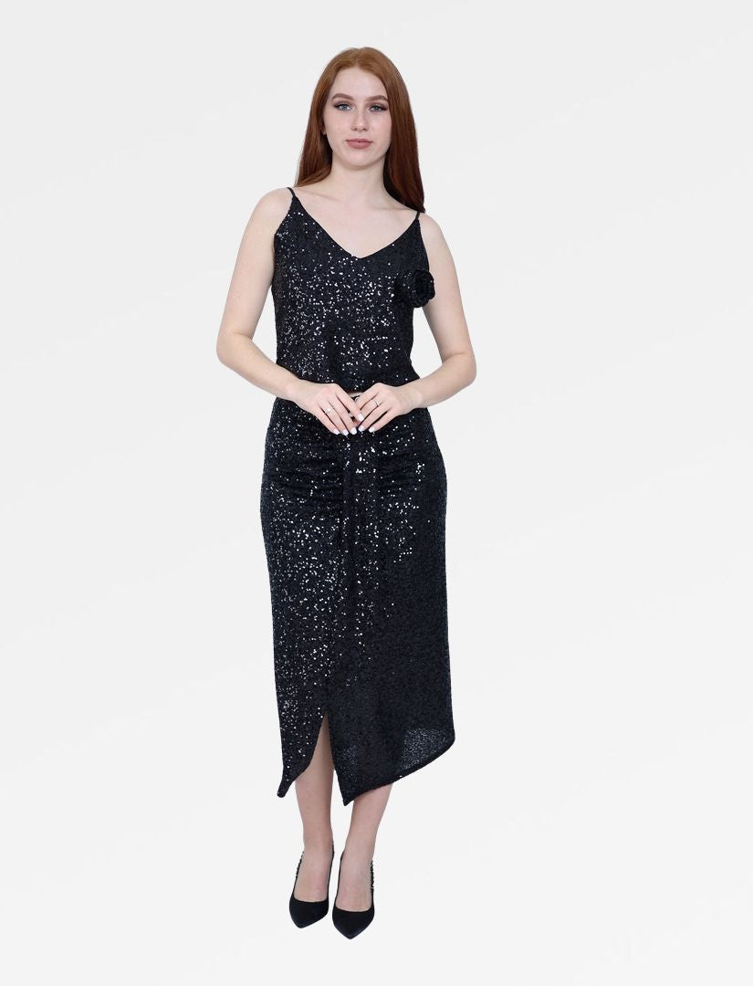 SEQUIN MIDI SKIRT WITH FRONT SLIT