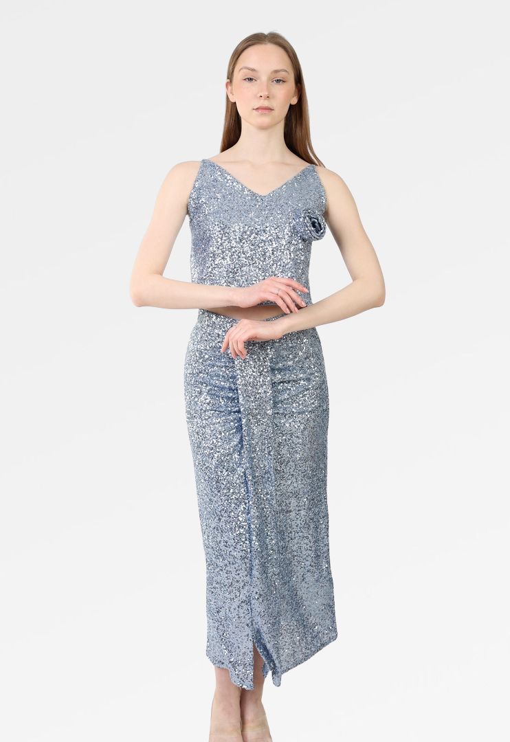 SEQUIN MIDI SKIRT WITH FRONT SLIT