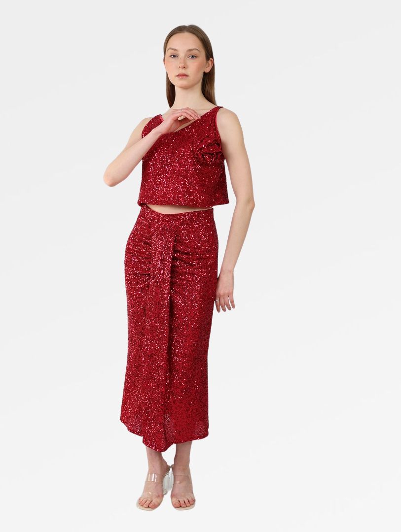 SEQUIN MIDI SKIRT WITH FRONT SLIT