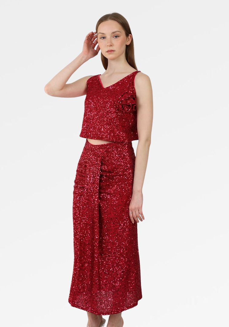 SEQUIN MIDI SKIRT WITH FRONT SLIT