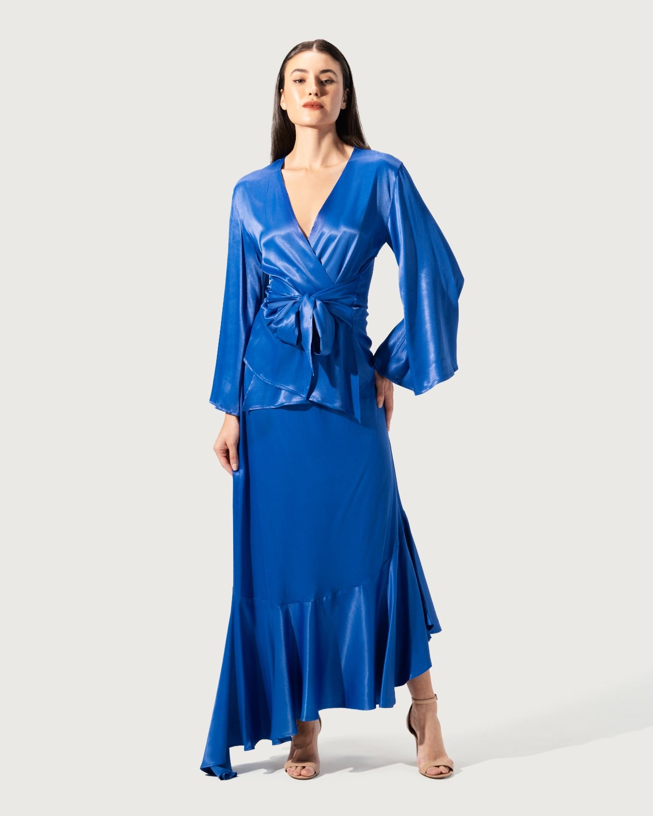 SATIN SOLID COLOR V-NECK TIE UP LONG SLEEVE