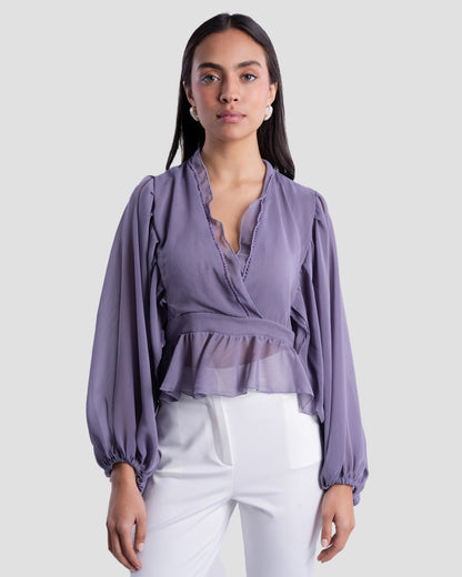 V-NECK BLOUSE WITH RUFFLED WITH LONG PUFF SLEEVES