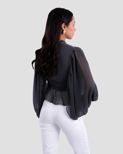 V-NECK BLOUSE WITH RUFFLED WITH LONG PUFF SLEEVES