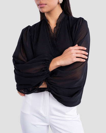 V-NECK BLOUSE WITH RUFFLED WITH LONG PUFF SLEEVES