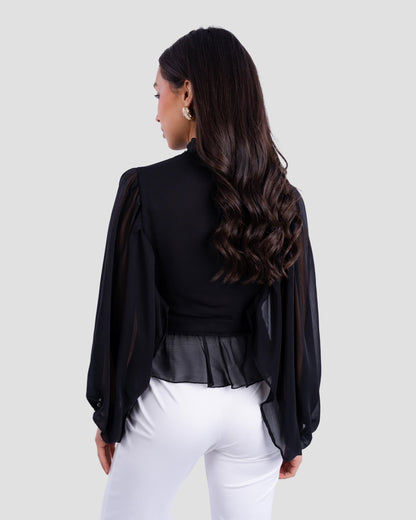 V-NECK BLOUSE WITH RUFFLED WITH LONG PUFF SLEEVES