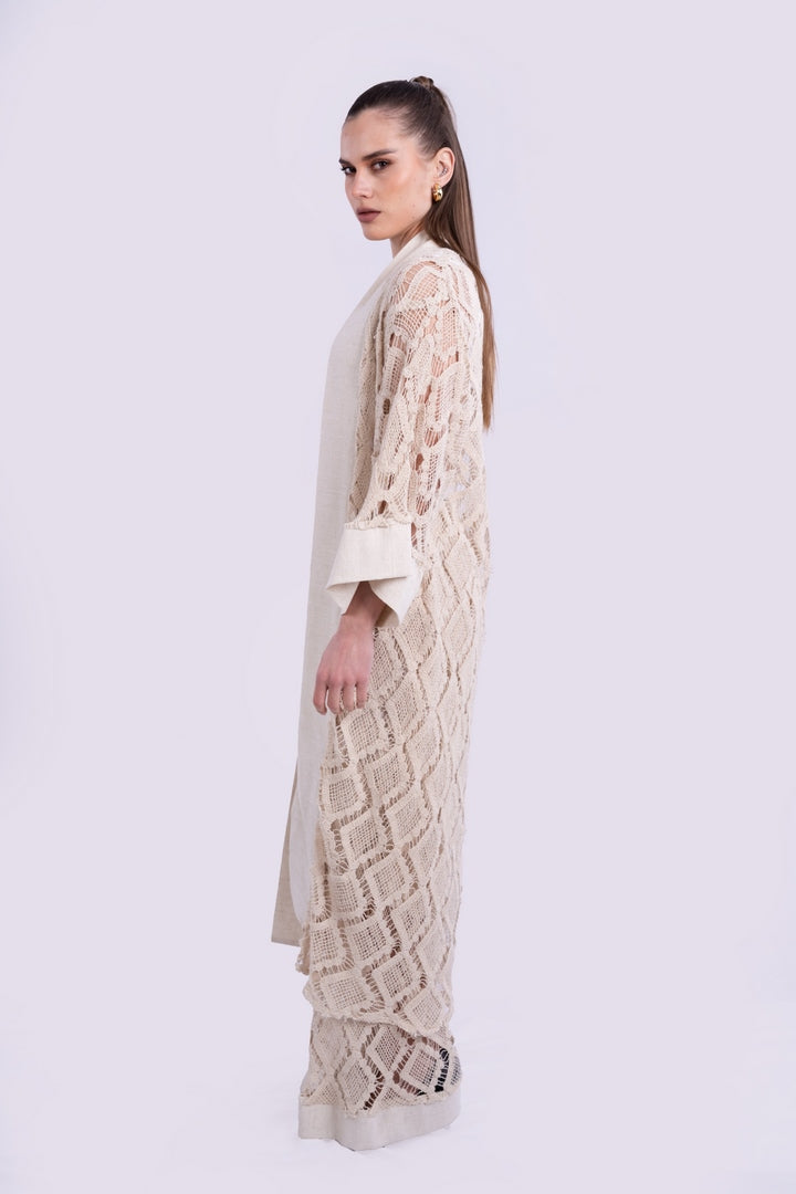 KIMONO OPEN WORK WITH LINEN ON THE FRONT