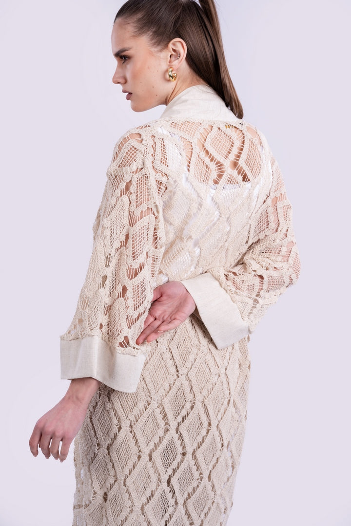 KIMONO OPEN WORK WITH LINEN ON THE FRONT