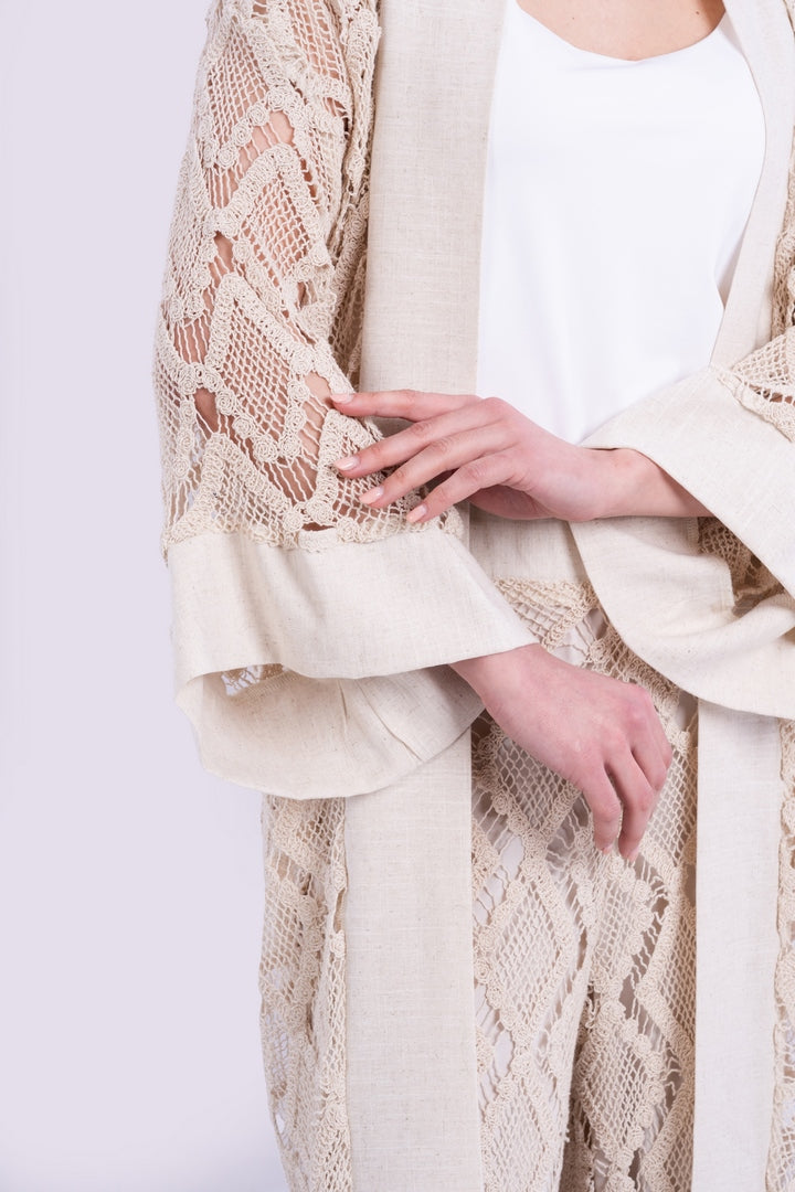 KIMONO OPEN WORK WITH LINEN ON THE FRONT