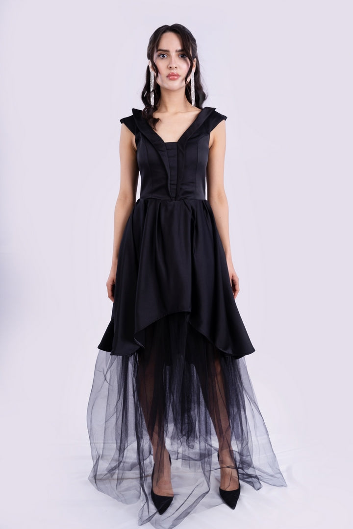 ASYMMETRICAL SATIN DRESS WITH TULLE