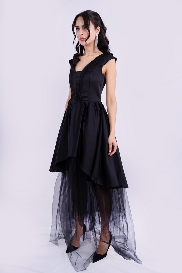 ASYMMETRICAL SATIN DRESS WITH TULLE