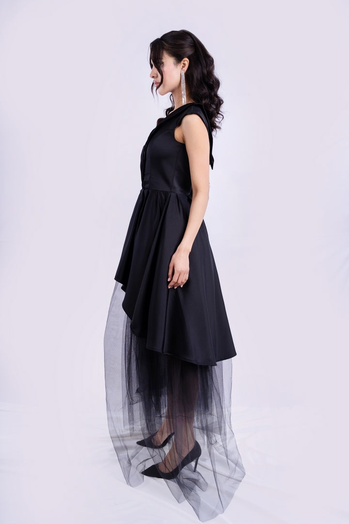 ASYMMETRICAL SATIN DRESS WITH TULLE