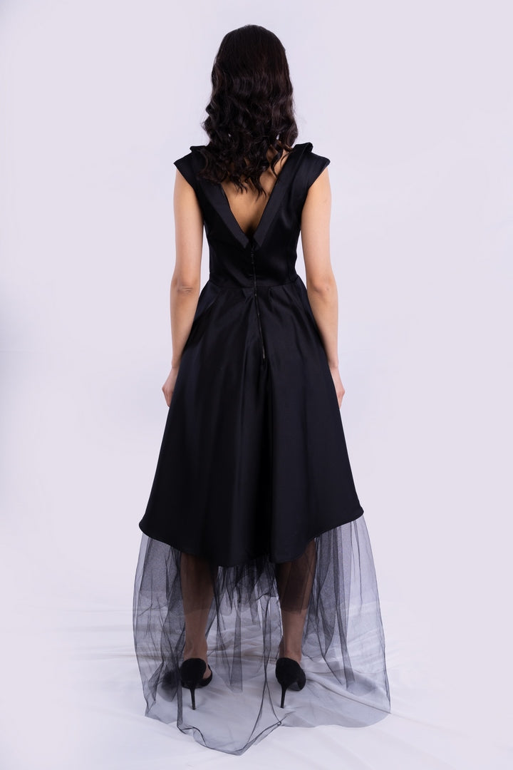 ASYMMETRICAL SATIN DRESS WITH TULLE