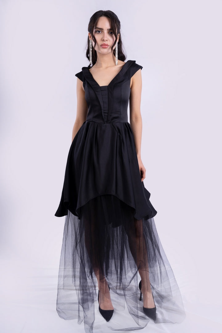 ASYMMETRICAL SATIN DRESS WITH TULLE