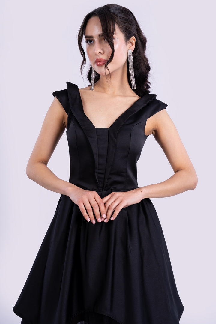 ASYMMETRICAL SATIN DRESS WITH TULLE